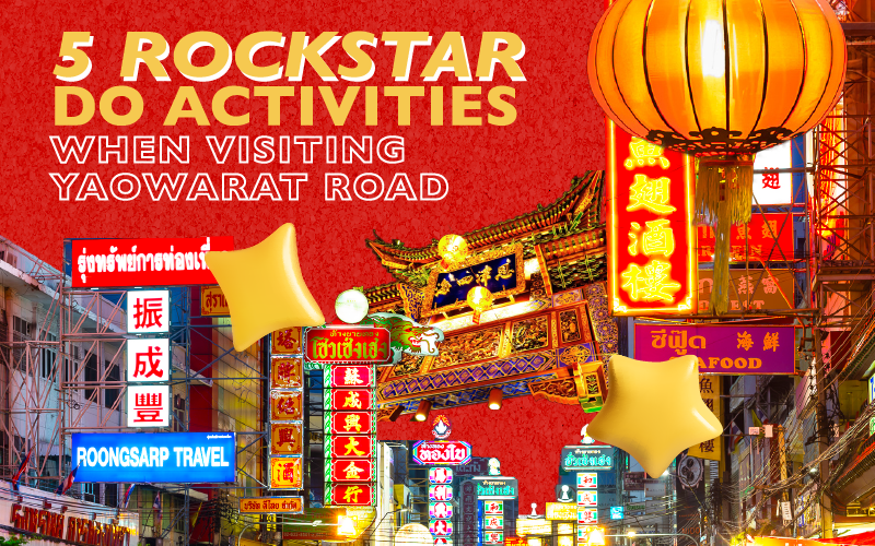  Five rockstars engaging in various activities while visiting Yaowarat Road, showcasing vibrant energy and excitement.